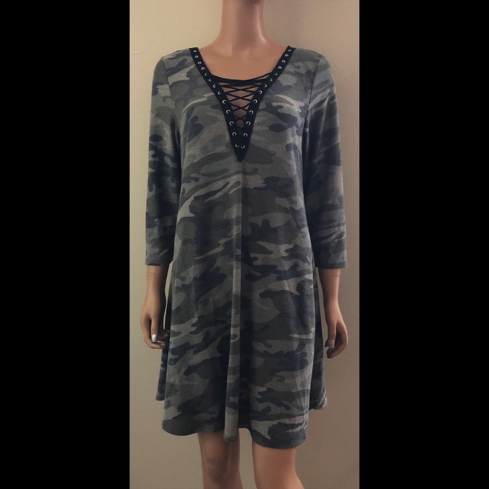 Camo Lace Up V Neck Shirt Dress